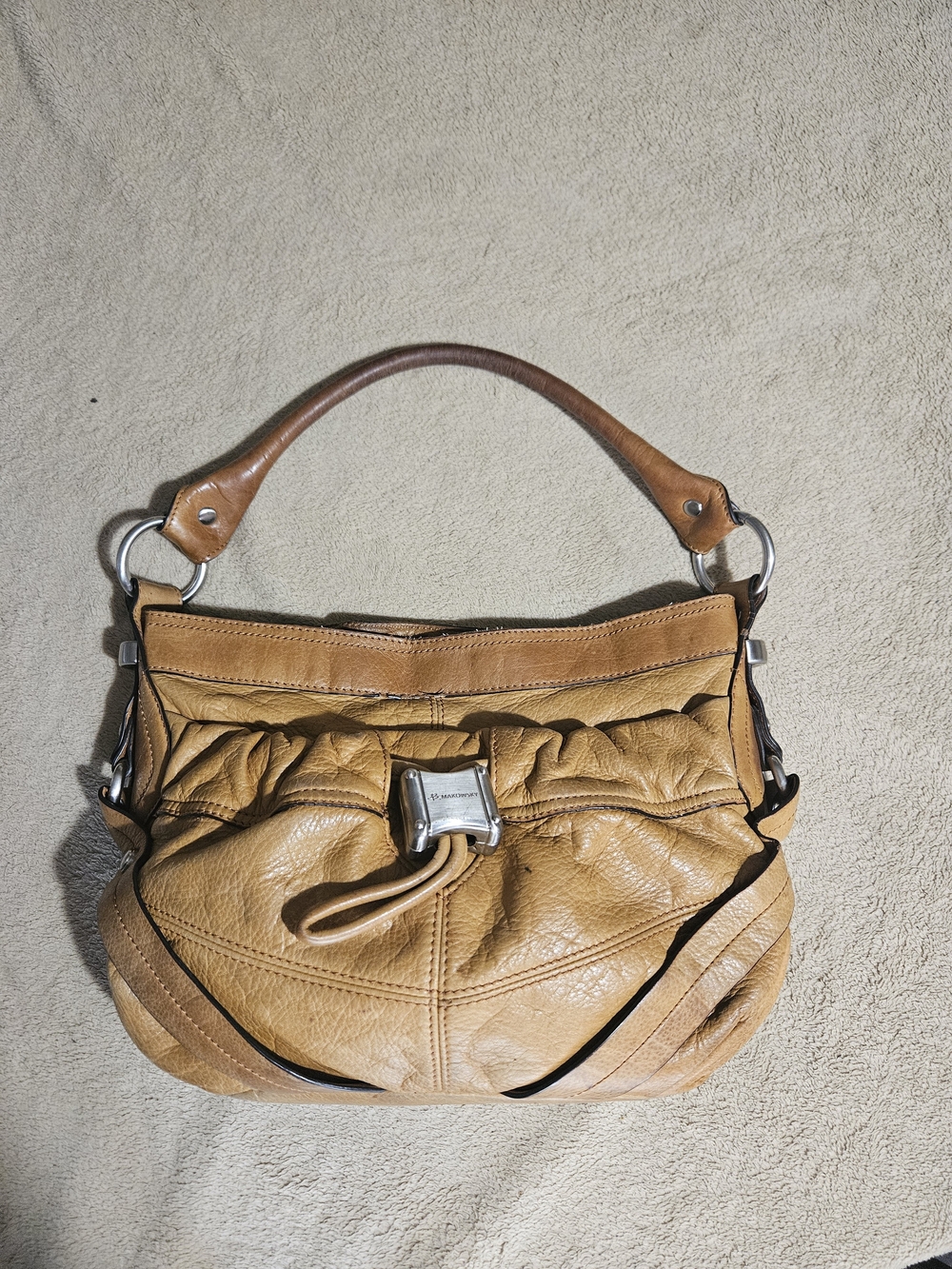 B Makowsky leather Slouch handbag Cognac Hobo Silver Hardware Ruching Mob Chunky